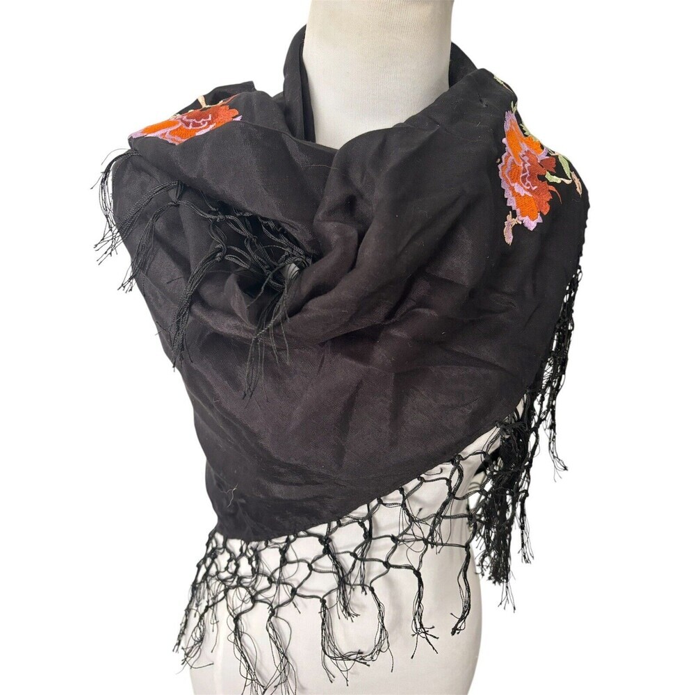 H&M Black Whimsigoth Floral Embroidered Fringe Wrap Piano Scarf, Square Shawl
